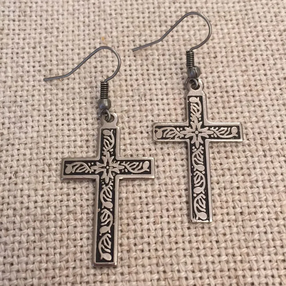 Cross Earrings Oxidized Floral Design Silvertone